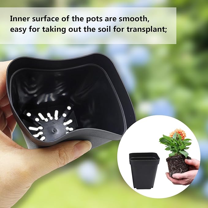 Square Nursery Pots 3" 120Pcs Deep Succulent Plastic Pots Small Flower Planter Seeds Starter Germination Pots with Drainage (Black,2.7Inches,120Pcs) RooTrimmer