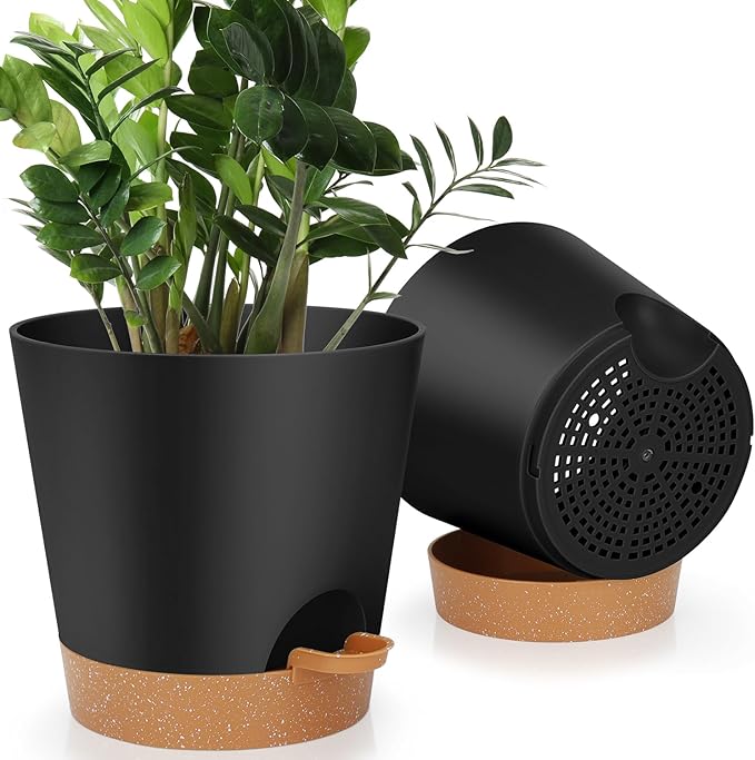 8-Inch Plant Pots, Self-Watering Planters with Drainage Holes & Saucers for Indoor and Outdoor Plants (2-Pack,Black) AFamilyofGardenLovers
