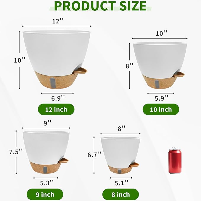 12/10/9/8 inch Self Watering Pots with Visual Water Window, Extra Large Self Watering Plant Pot with Drainage Holes and Saucers, White Flower Pots for Indoor Plants SORANGEUN