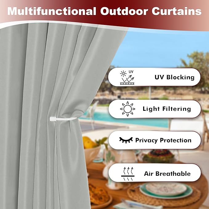 HolidayIdeas Grommet Outdoor Curtains for Patio Waterproof 8 Pcs All Weather Balcony Outside Curtains for Apartments, Gazebo, Pergolas, Porch, 54x108 Inch, Silver Grey HolidayIdeas