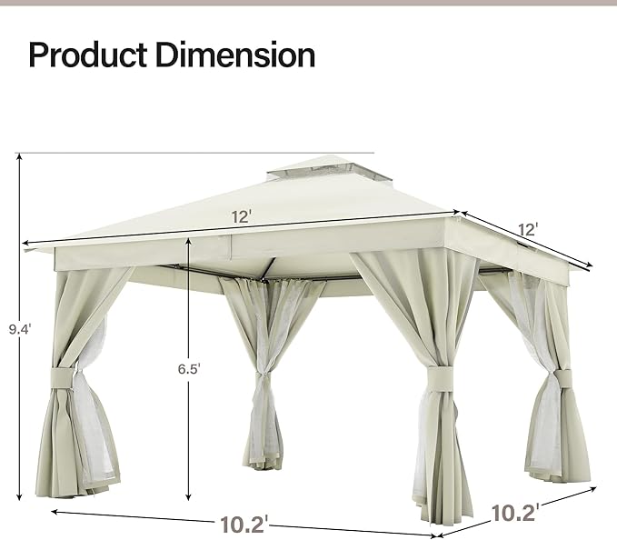 LAUSAINT HOME Semi-Permanent Outdoor Patio Gazebo 12'x12', Heavy Duty Party Tent Shelter with Double Roofs, Mosquito Nettings and Privacy Screens for Backyard, Garden, Lawn, Cream White LAUSAINTHOME