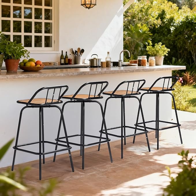 VINGLI 2 PCS Outdoor Swivel Bar Stools, 30 Inch Metal Barstools with Backrest & Footrest, 360° Rotating All-Weather Stools for Garden, Balcony, Kitchen Island (Teak) VINGLI