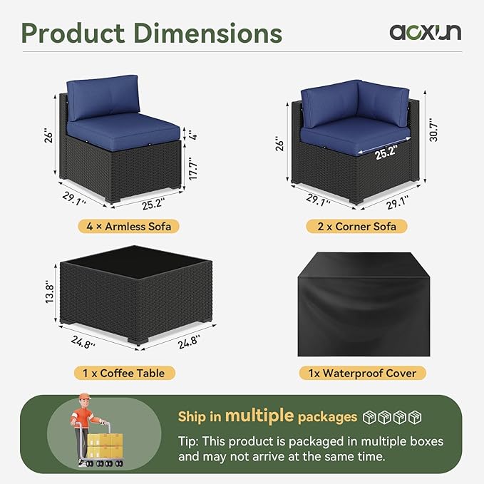 Aoxun 7 Piece Patio Furniture Set Wicker Rattan Patio Sectional Sofa Set Outdoor Seating Furniture with Thickened Cushion, Navy Blue Aoxun