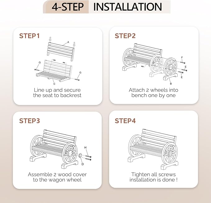 VINGLI Rustic Wooden Wheel Bench Outdoor Bench, Patio Bench Wagon Slatted Seat, Garden Benches for Outdoors 350lbs High Capacity, Weather Resistance (White, 55in) VINGLI