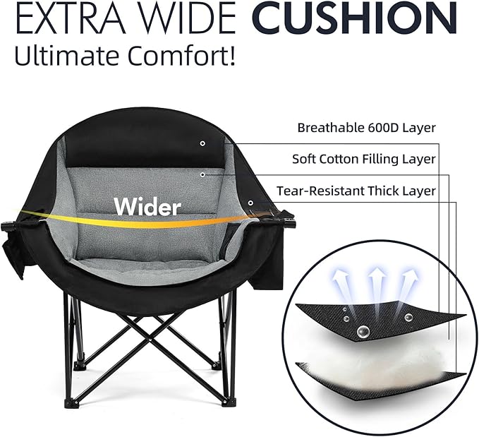 Oversized Camping Chair for Adults - Heavy Duty Outdoor Padded Large Lawn Camp Chair with Cup Holder Cooler Pockets for Sports Beach Fishing Garden Portable Supports 500lbs, Black/Grey 2 Pack PUVASIA