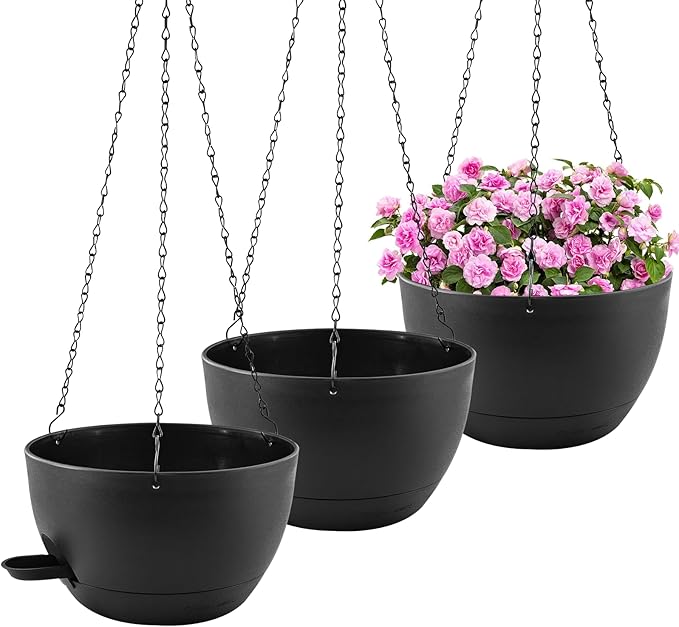 10 inch Hanging Planters for Indoor Plants, 3 Pack Self-Watering Hanging Planter Pots with Chain and Drainage Holes, Outdoor Plastic Hanging Baskets for Garden Home Decor (Black, 3pcs/10inch) Rootora