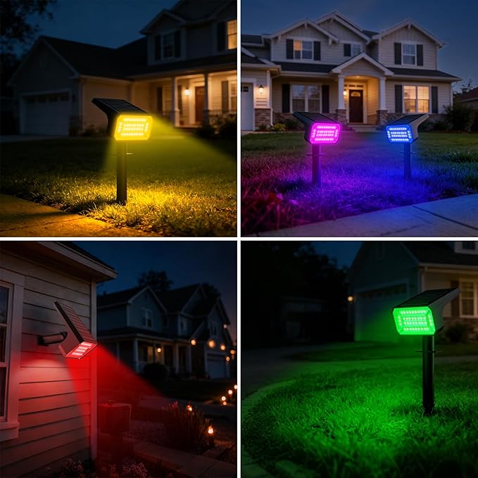 Fabrito Color Changing Solar Spot Lights Outdoor 8 Pack, [6+1 Lighting Modes] Auto On/Off RGB Spotlights, Waterproof Multicolor Landscape Lights for Garden, Tree, Halloween, Christmas Fabrito