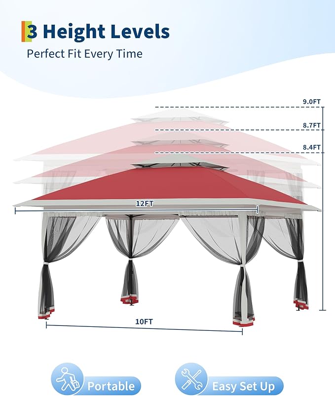Canopy Tent 12x12 ft, Pop Up Gazebo One-Push Setup with 4 SandBags for Backyard Parties and BBQs, Mosquito Netting & Height Adjustable - Red GarveeLife