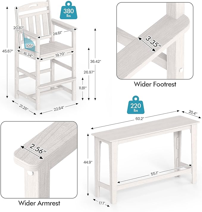 Ciokea 3 Pcs Outdoor Bar Height Table Set, 60" Extra Long Rectangle High Top Table and 2 Oversized Adirondack Chairs Set, Heavy-Duty All-Weather HDPE Patio Bar Set for Backyard Balcony Deck, White CIOKEA