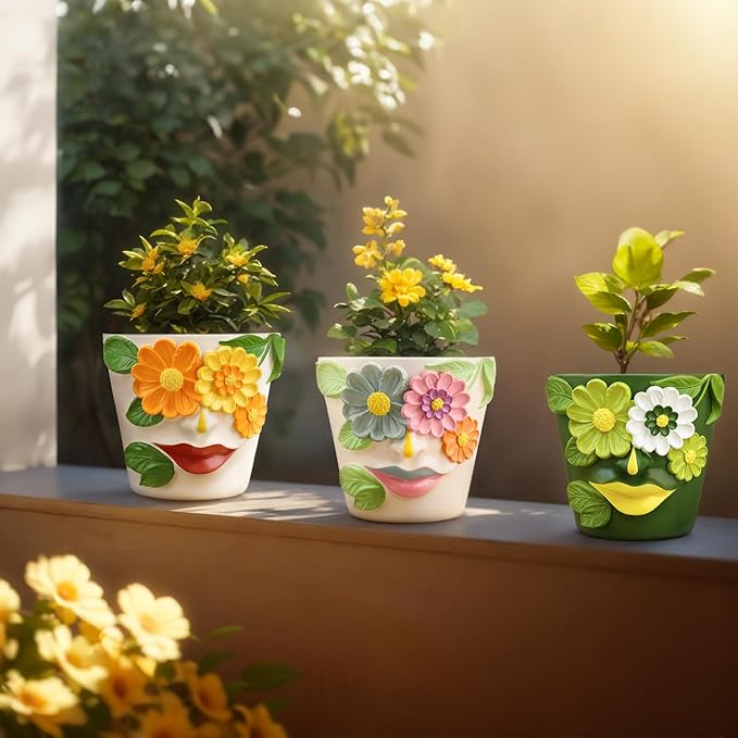 GUGUGO Abstract Face Flower Planters Colorful Unique Rainbow Head Planter with Drainage, Cute Flower Plant pot for Indoor Plants, Eclectic Succulent Gardening Pot for Home Décor (Orange&Yellow, 5Inch) GUGUGOHOMEDECOR