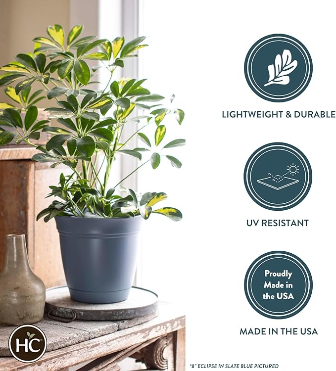 The HC Companies Eclipse Round Planter with Saucer - Outdoor & Indoor Plant Pot with Drainage Holes - Lightweight, UV-Resistant Plastic Pots for Plants, Flowers & Herbs (6" Black, Pack of 1) TheHCCompanies