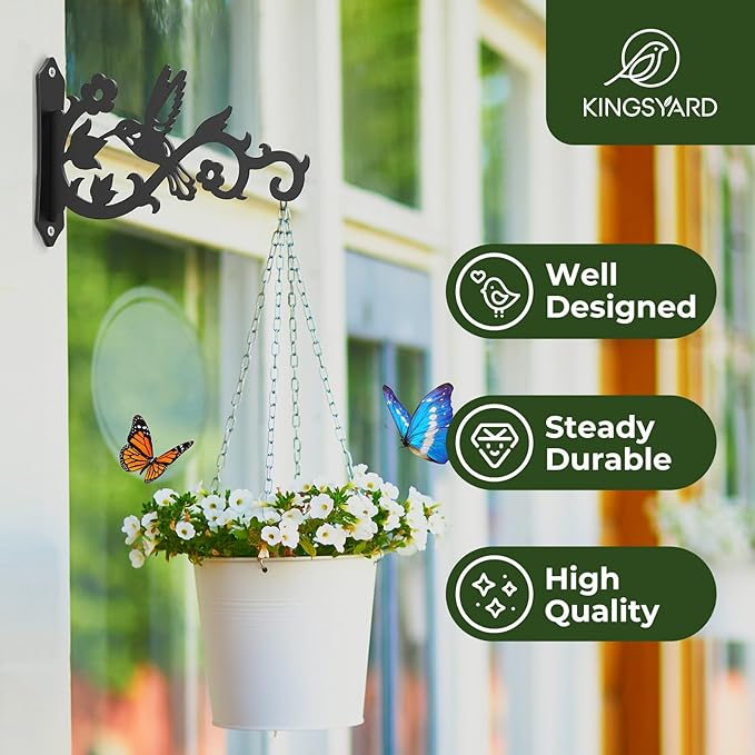 Kingsyard 2-Pack Wall Plant Hangers Outdoor Indoor, 8 Inch Heavy Duty Solid Metal Brackets with Bird Design, Anti Rust Plant Hooks for Plants, Bird Feeders, Lanterns, Wind Chimes, Hummingbird Design Kingsyard