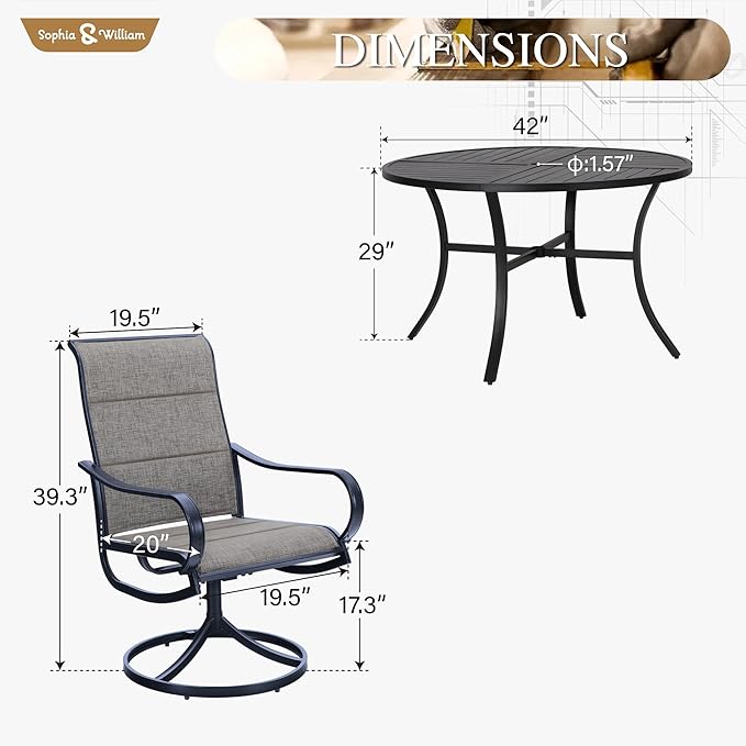 Sophia & William Patio Sets 5 Pieces Patio Dining Set for 4, Textilene Swivel Dining Chairs Padded with Round Metal Dining Table Outdoor Dining Furniture All Weather Textilene for Garden Porch SophiaWilliam