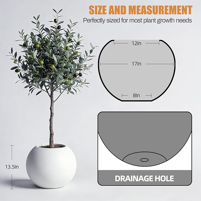 13.5 H x 17" Dia (12" Pot Opening) Round Fiberstone Planter with Drainage Hole, Durable Garden Flower Pots, White, Resistant for Indoor and Outdoor, Planters for Large Plants pot for Home Decor Patio Rootora