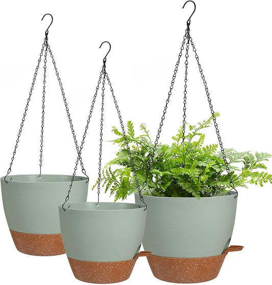 10/9/8 Inch Hanging Planter for Indoor Outdoor Plants, 3 Pack Self-Watering Hanging Pot with Drainage Holes Hanging Planter Baskets Plant Pots with Removable Tray (Green+Brown) Lucieblessdesign
