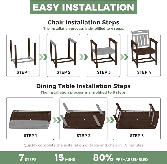5-Piece Outdoor Dining Furniture Set with Chairs, All-Weather HDPE Patio Table and 4 Chairs, Umbrella Hole, for Garden Backyard or Deck - Brown Suunyn