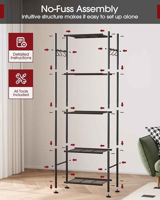 Storage Shelves - 5-Tier Large Capacity Shelf Organizer with Hooks, Heavy-Duty Garage Shelving with Leveling Feet, Wobble-Free Rack for Bedroom, Balcony, Garage, 18.1"×12.4"×56.8", Black Sakugi