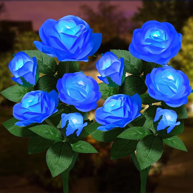 Solar Flower Lights Outdoor - Upgraded Realistic LED Solar Powered Waterproof Lights with 5 Roses, Solar Decorative Stake Light for Garden (Blue, 2 Pack) LightYourLife
