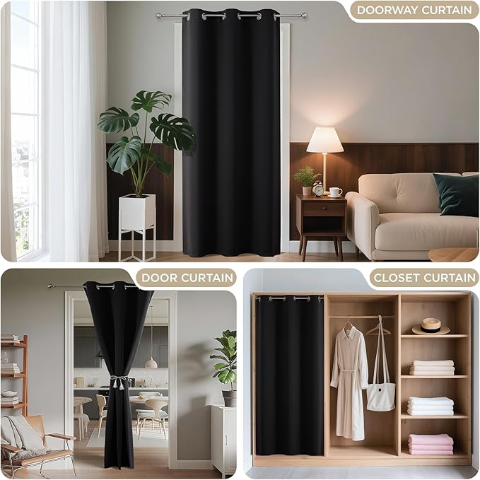 Joydeco Blackout Door Curtain for Doorway Privacy 90 Inches Long, Grommet Closet Curtain for Open Closet, Room Divider for Bedroom Living Room (Black, 52Wx90L, 1 Panel) JOYDECO