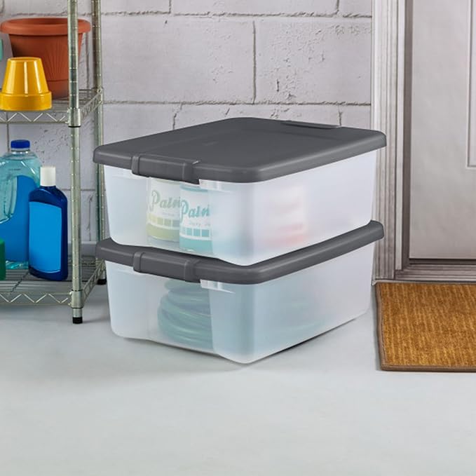 Sterilite 6-Pack ShelfTote, Clear Plastic Storage Bins with Lids, 25 Quart, Gray - Stackable Organizing Container Boxes for Closet, Bathroom, and Office Sterilite