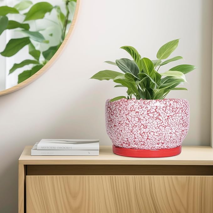 SQOWL Ceramic Planters for Indoor Plants - 10 Inch Flower Pots with Drainage Hole and Saucer, Decorative Ceramic Plant Pots, Round Large Planter Outdoor, Room Decor, Housewarming Gifts, Red and White SQOWL