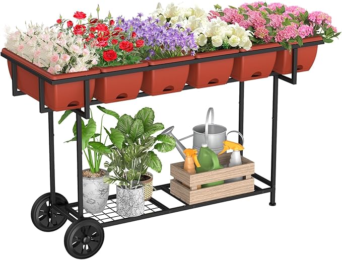 YBING Elevated Garden Bed with Wheels Outdoor 42x17x30in Elevated Raised Planter Box Stand 6 Pocket Herb Garden Planter with Storage Shelf for Balcony Patio, Red YBING
