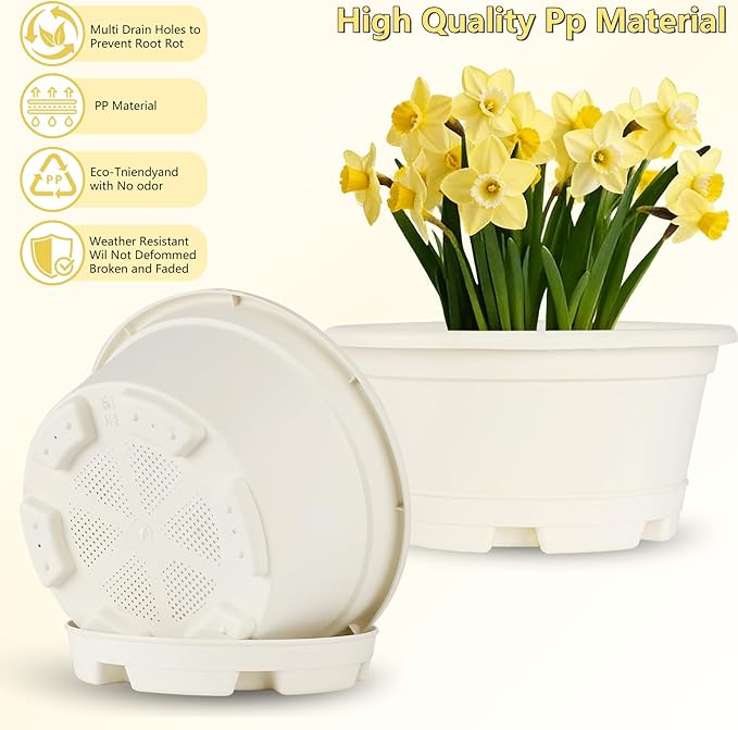 5 Pack 10.5 inch Plant Pots,Planter-Pots-for-Plants，Plastic Flower Pot for Indoor Outdoor Plants with Drainage Holes & Trays, Decorative Garden Containers Sets for Houseplants KPUVX