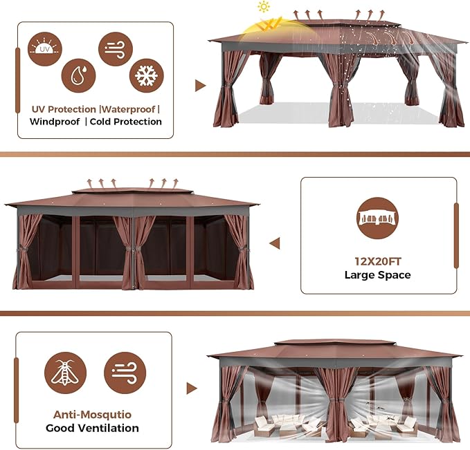 COBIZI Gazebo 12x20 Heavy Duty Gazebos with Curtain and Netting Outdoor Gazebo Canopy Double Roof Patio Gazebos with Metal Steel Frame for Patio, Deck, Backyard-Brown COBIZI