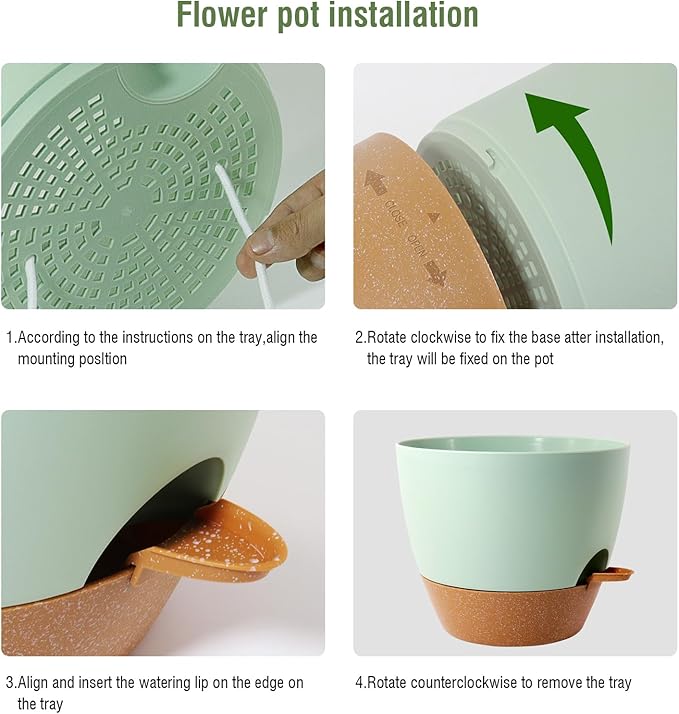 12 inch Large Self Watering Pots, Flower Plant Pots with Drainage Holes for Indoor Outdoor Garden Plants, Plastic Planters with Removable Deep Reservoir, Green with Brown WSMKSZ