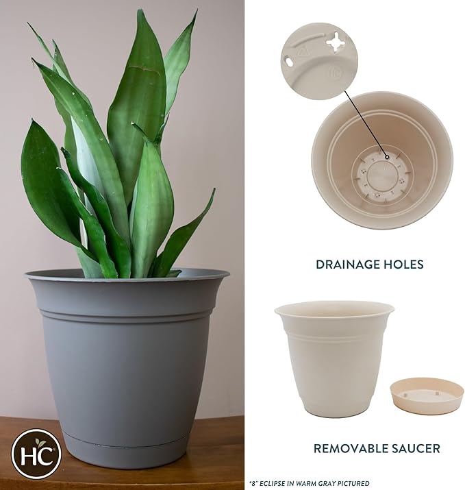 The HC Companies Eclipse Round Planter with Saucer - Outdoor & Indoor Plant Pot with Drainage Holes - Lightweight, UV-Resistant Plastic Pots for Plants, Flowers & Herbs (8" Cottage Stone, Pack of 1) TheHCCompanies