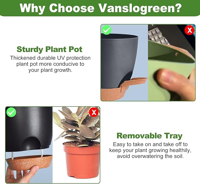 Planters for Indoor Plants, 8/7/6.5/6/5.5/5 Inch Self Watering Plant Planters with Drainage Hole, Plastic Planters Flower Pots for Indoor Outdoor Plants (Black) Vanslogreen