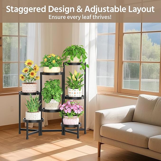 LASZOLA 7 Tiered Folding Plant Stand Indoor for Multiple Large Planter, Tall Heavy Duty Adjustable Rack with Rust Proof Plastic Shelving, Sturdy Vertical Tree Organizer for Narrow Inside Floor, Black LASZOLA