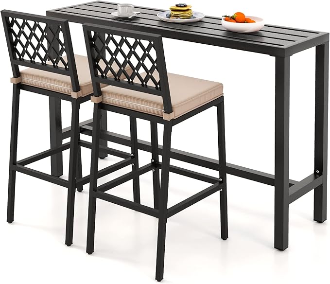 COSTWAY 3 Piece Outdoor Bar Table and Chairs Set, 55" Pub Height Bar Table & 2 Cushioned Bar Stools with Rhombus Backrest, Metal Patio Bar Table Set for Balcony, Backyard, Porch, Pool COSTWAY