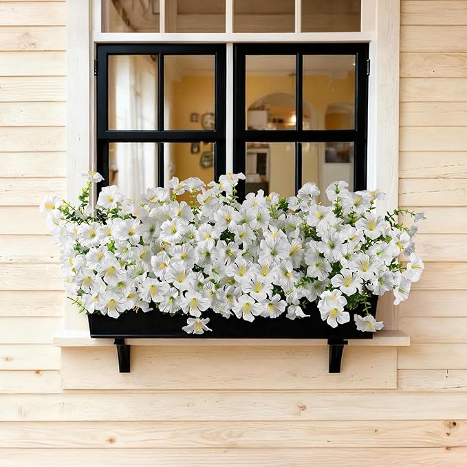 INQCMY Artificial Fake Petunias Flowers for Outdoors Spring Decoration, 12 Bundles Faux Flower Plants UV Resistant White Realistic Silk Flower for Outside Planters Patio Porch Yard Window Box INQCMYPlantRack