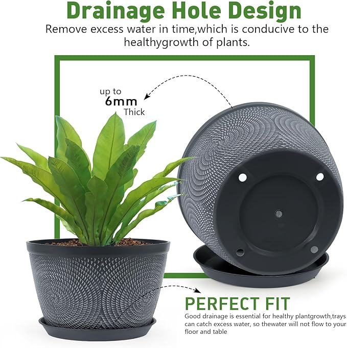 Quarut 10 Inch Flower Pots Planters for Outdoor Indoor, 3 Pack Plastic Plant Pots with Drainage Hole & Tray, Modern Decorative Garden Pot with Saucer, planters for House (Gray) Quarut