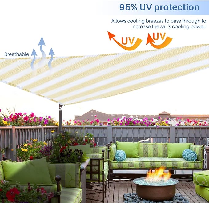E&K Sunrise 13' x 13' x 13' Sun Shade Sail Triangle Canopy Shade Cover UV Block for Patio Backyard Garden Outdoor (Beige White Strip) EKSUNRISEINC