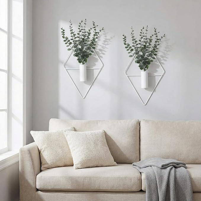 Jexine 8 Pcs Hanging Planters with Artificial Eucalyptus Metal Hanging Vase Indoor Plants Holder Modern Geometric Boho Bathroom Wall Decor for Living Room Home Office (Eucalyptus,White) Jexine