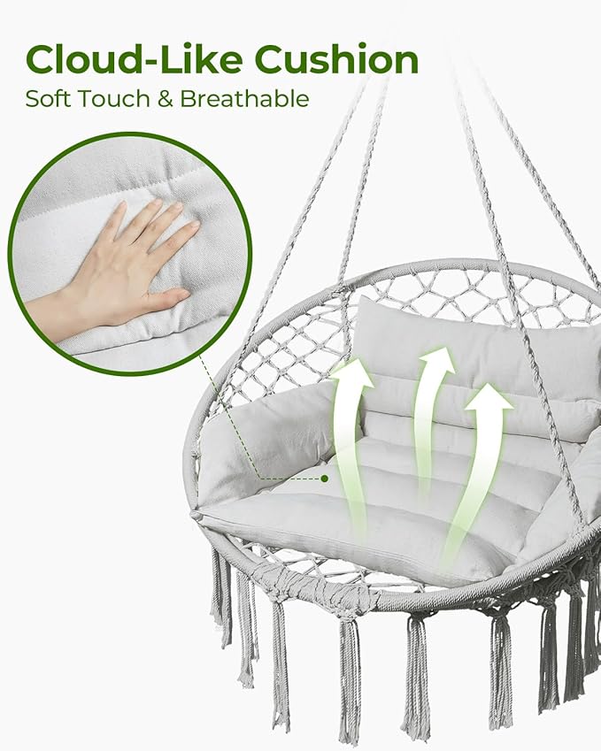 Greenstell Hammock Chair, Macrame Swing Chair with Comfy Cushion, Boho Hanging Chair for Outdoor & Indoor, Perfect for Bedroom, Patio, Balcony, Hold up to 350Lbs, Grey Greenstell