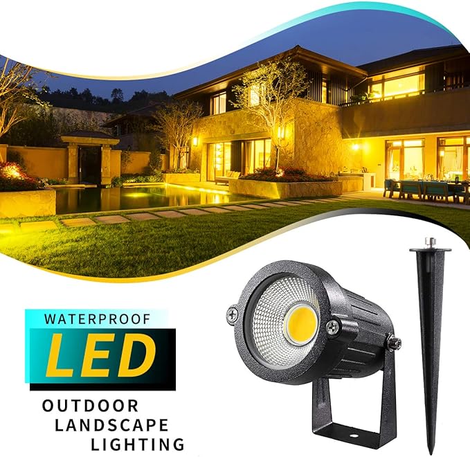 LED Landscape Lights,5W 120V AC Outdoor Pathway Garden Yard Spotlight,IP65 Waterproof Garden Flood Light,Outdoor Spotlight with Stake,UL Cord 5-ft with Plug (Pack of 4, Warm White) LEACOCO