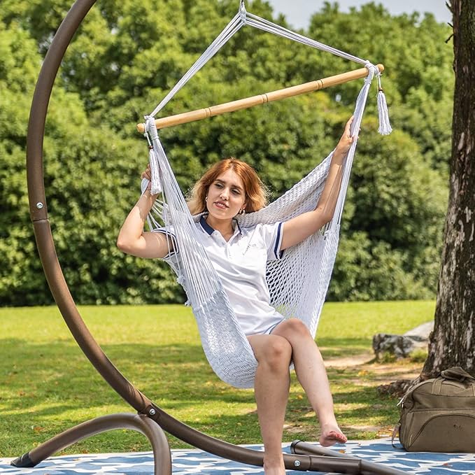 Lazy Daze Hammocks Hanging Chair Caribbean Swing Chair Hammock Chair w/Soft-Spun Cotton Rope, 40" Hardwood Spreader Bar Wide Seat, Max 300 Pounds, for Indoor Outdoor Garden Yard, White LazyDazeHammocks