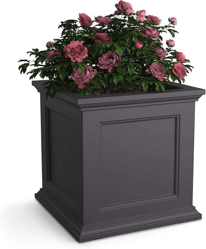 Mayne Fairfield 20-Inch Square Planter – Self-Watering, Weather-Resistant Planter for Flowers – Durable Outdoor Design for Patio, Porch, or Entryway, Graphite Grey Mayne