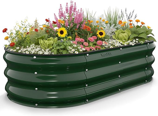 Kesfitt Raised Garden Bed, 4x2x1 FT Galvanized Steel Metal Raised Garden Bed, Oval Open-Bottom Design, 12-Inch Deep for Outdoor Vegetable & Herb Gardening, Forest Green Kesfitt