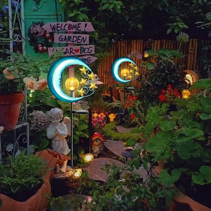 Stars Moon Solar Lights Outdoor - Solar Powered Garden Lights Decorative Crackle Glass Globe Led Waterproof Landscape Lighting for Pathway,Yard,Lawn,Patio SunsGiftNighttimeBliss