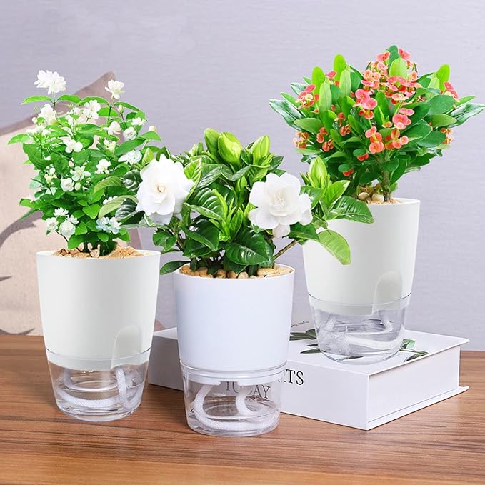 Haawooky 10 Pack Clear Self Watering Planters,4.1Inch Wicking Flower Pots,Plastic African Violet Pots with Watering Bottle Modern Decorative Planter for House Plants,Herbs,Indoor Plants Haawooky