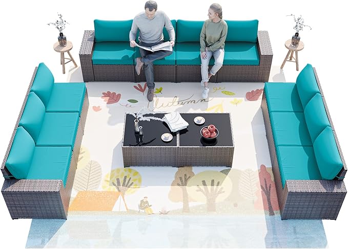 ALAULM 12 Pieces Outdoor Patio Furniture Set Sectional Sofa Sets Brown PE Rattan Patio Conversation Set w/10 Turquoise Blue Seat Cushions and 2 Coffee Tables ALAULM