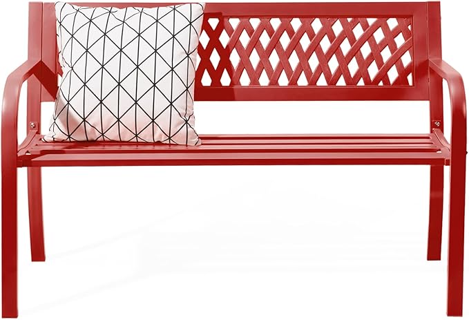 VINGLI 47'' Outdoor Bench, Weather Resistant Garden Patio Bench Powder Coated Iron Frame w/PVC Mesh Backrest Slatted Seat, 2-Person Outdoor Furniture for Front Porch Entryway Park (Red) VINGLI