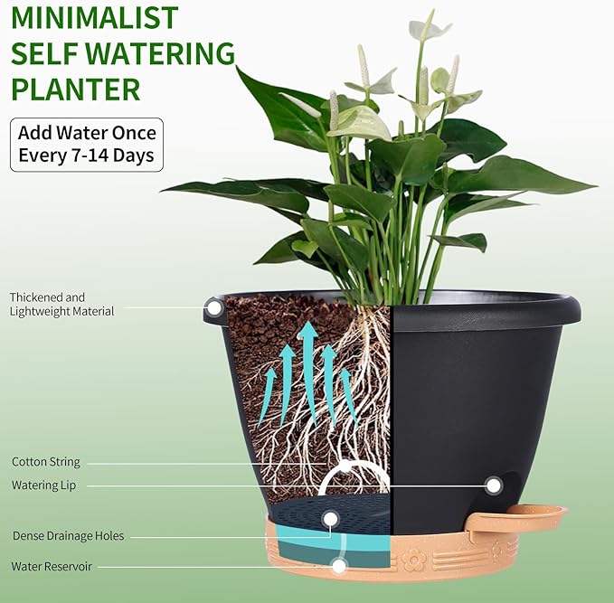 Plant Pots, Flower Pots for Indoor/Outdoor Plants, Self Watering Plastic Planters Pots with Drainage Holes, Saucer & Reservoir, Decorative Nursery Planting Pots(10 Inch Set of 4) (Black) Rootora