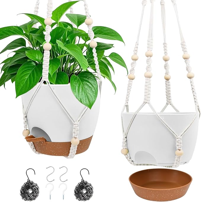 Hanging Planters for Indoor Outdoor Plants, 2 Pack Self Watering Hanging Pot with Drainage Holes, Removable Tray & 2 Kinds of Plant Hangers, 8'' Hanging Flower Pots for Home Garden Decor, White Vanslogreen