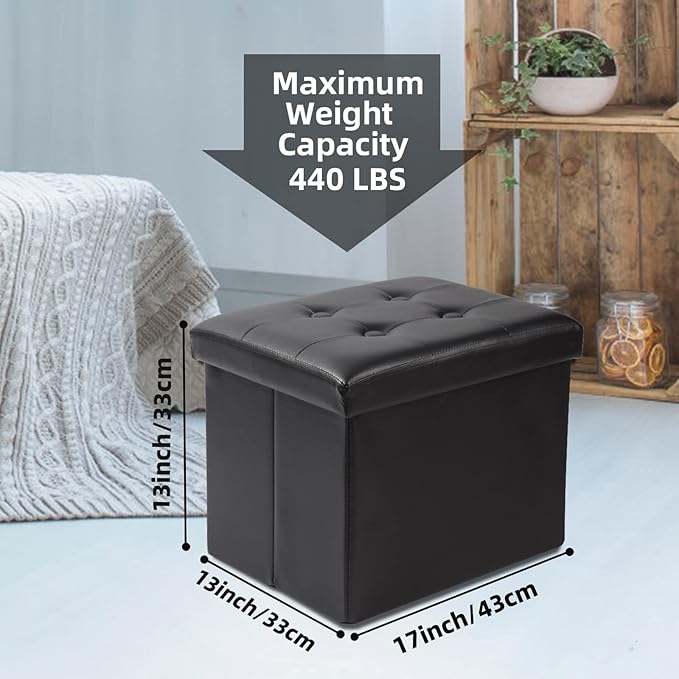 ALASDO Storage Ottoman Footrest Stool Small Ottoman with Storage Foldable Ottoman Leather Foot Rest Footstool Bench for Living Room 17x13x13inches Black ALASDO