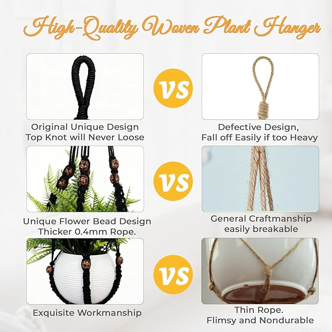 35 Inch Macrame Plant Hanger, Large for up to 15 Inch Pot Extra Long Hanging Planter Holder Basket with Wood Beads for Indoor Outdoor Home Decor (Black, 1-Pack) Rootora